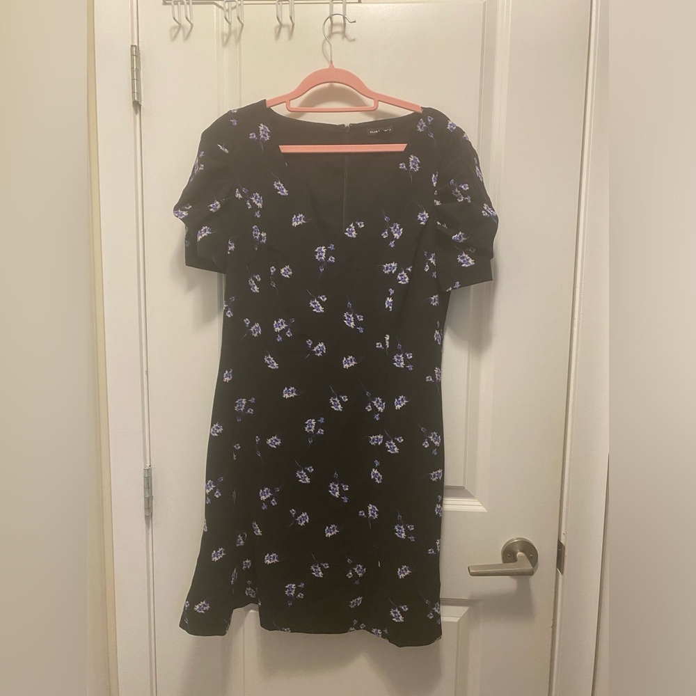 Club Monaco Black Midi Dress with Blue Floral Print